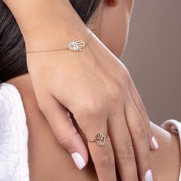 14k Solid Gold Hamsa Bracelet | Birthday Gift | Fatima Hand Bracelet | Trendy | - Picture 3 of 4